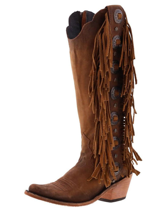 Vegas Faggio Tan Brown Concho Fringed Boots