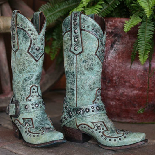 Lane Your Harness Boots in Turquoise With Studs