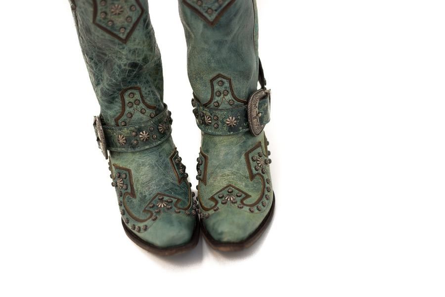 Lane Your Harness Boots in Turquoise With Studs