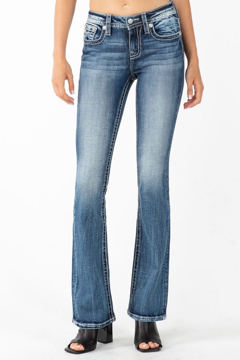 Mid Rise Medium Wash with Aztec Blowout Mid Rise Boot Cut Jeans