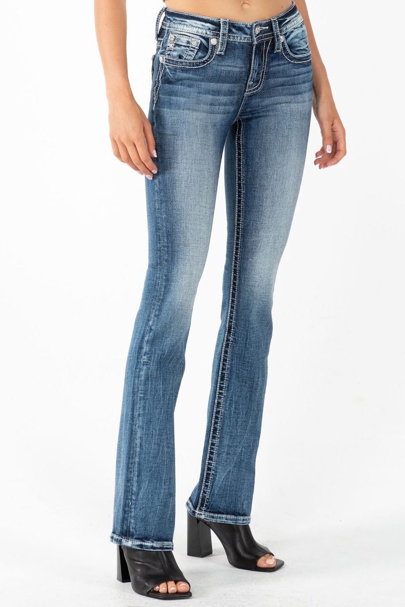 Mid Rise Medium Wash with Aztec Blowout Mid Rise Boot Cut Jeans