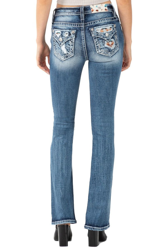 Mid Rise Medium Wash with Aztec Blowout Mid Rise Boot Cut Jeans