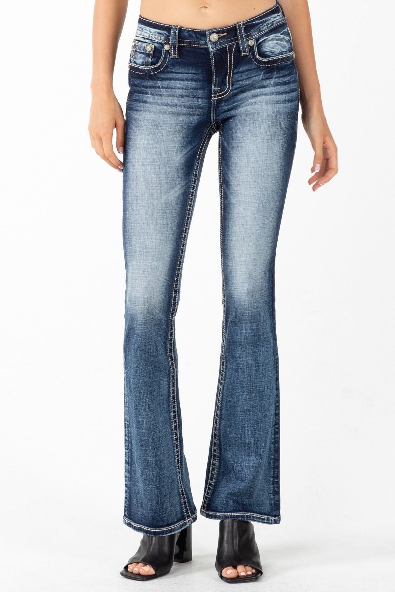 Mid Rise Feather and Broken Horseshoe Boot Cut Jeans