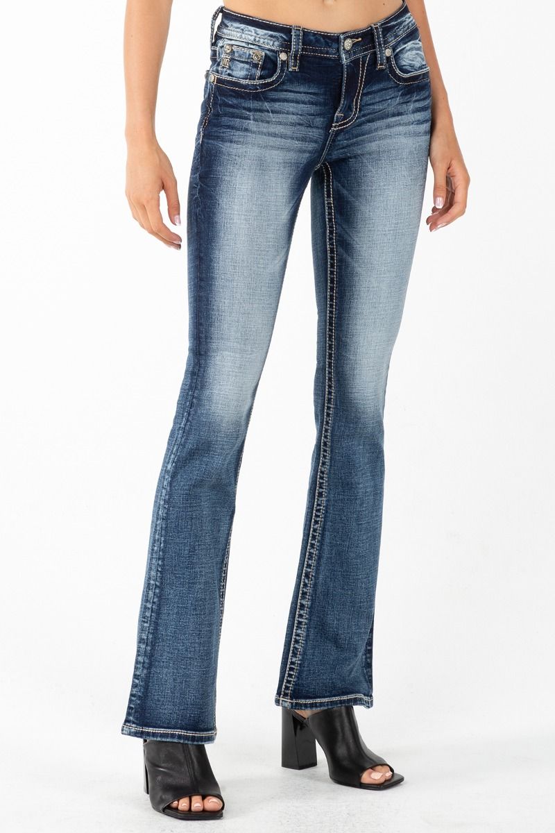 Mid Rise Feather and Broken Horseshoe Boot Cut Jeans