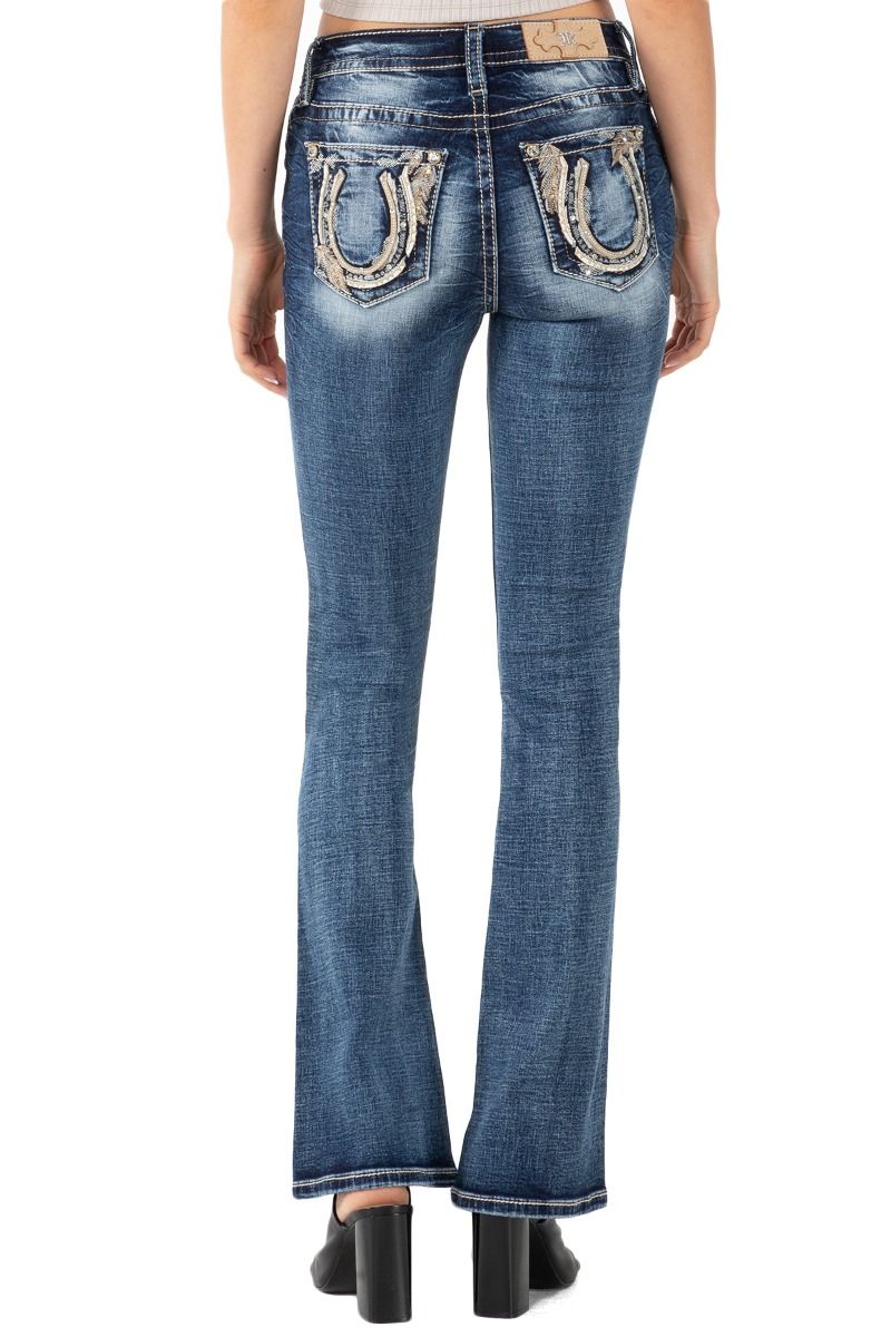 Mid Rise Feather and Broken Horseshoe Boot Cut Jeans