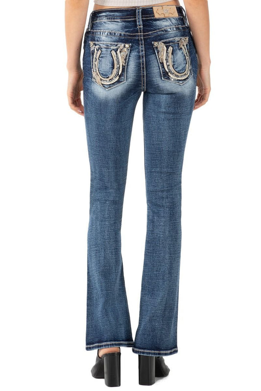 Mid Rise Feather and Broken Horseshoe Boot Cut Jeans