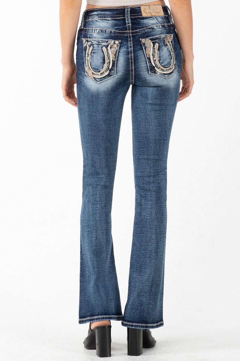 Mid Rise Feather and Broken Horseshoe Boot Cut Jeans