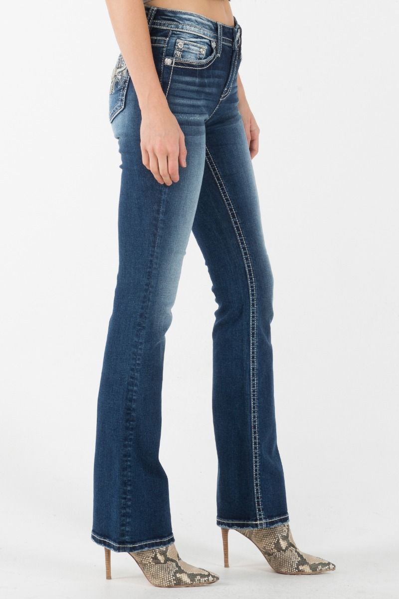 Miss Me Mid-Rise Floral Embellished Steer Bull Boot Cut Jeans