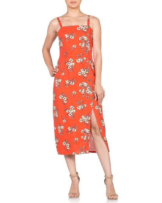 Miss Me Orange Red Floral Print Button Front Midi Dress