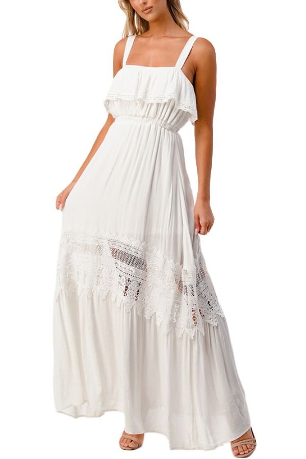 Ladies Off White Crochet Sleeveless Flounce Maxi Dress