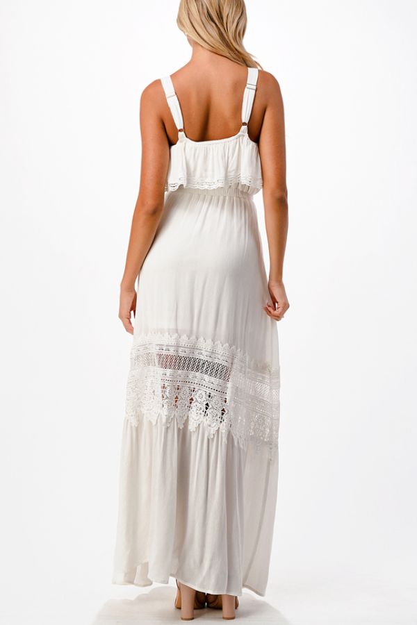 Ladies Off White Crochet Sleeveless Flounce Maxi Dress