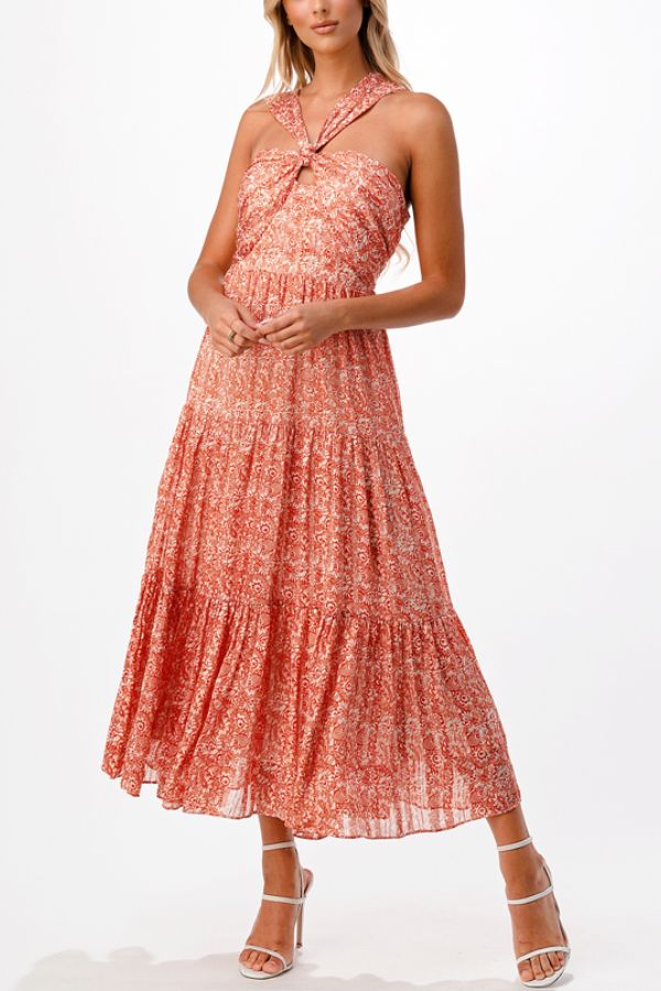 Ladies Coral Floral Print Criss Cross Halter Neck Dress