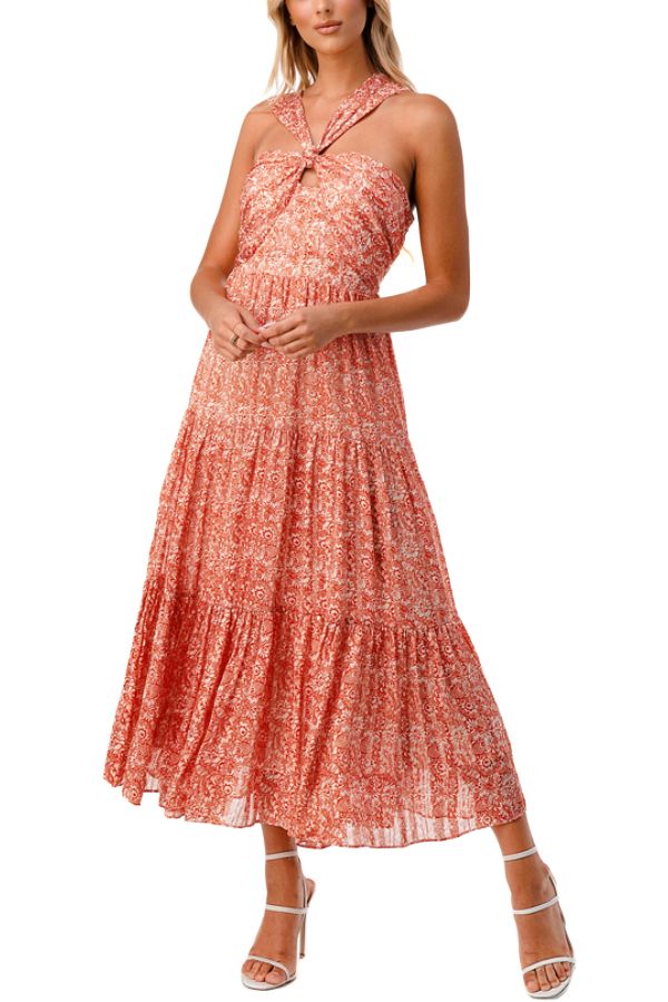 Ladies Coral Floral Print Criss Cross Halter Neck Dress