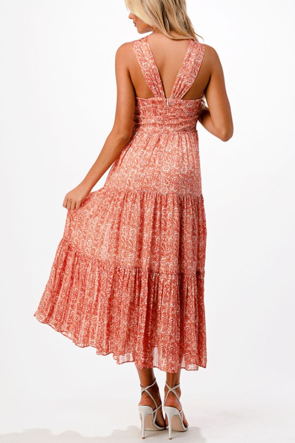 Ladies Coral Floral Print Criss Cross Halter Neck Dress