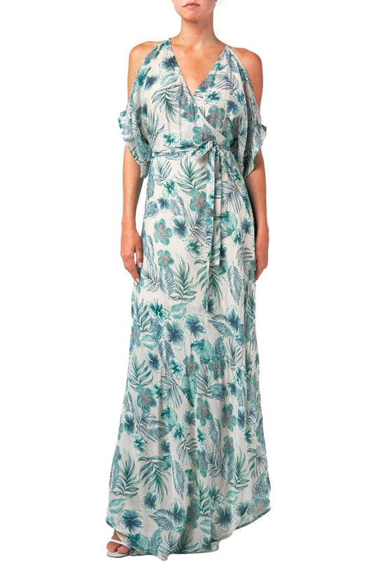 Ladies Tropical Floral Print Cold Shoulder Wrap Maxi Dress