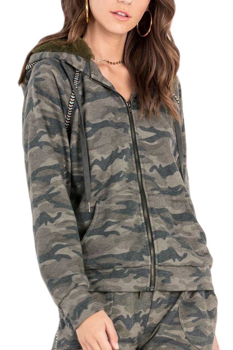 Miss Me Green Camo Zip Front Hoodie with Fur