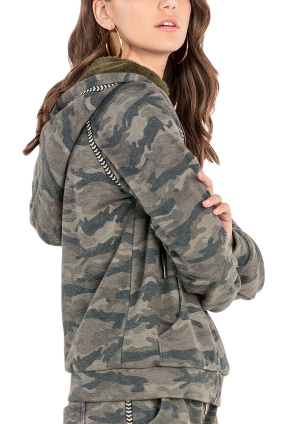 Miss Me Green Camo Zip Front Hoodie with Fur