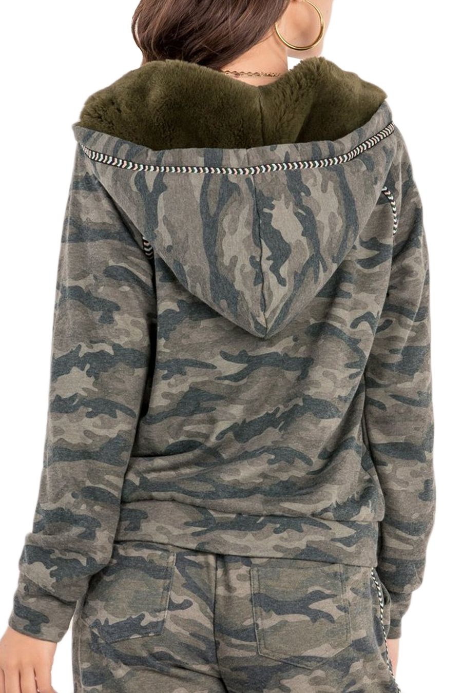 Miss Me Green Camo Zip Front Hoodie with Fur