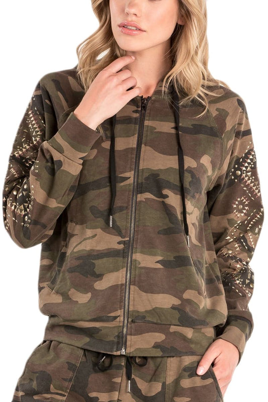 Miss Me Green Camo Studded Sleeve Zip Front Hoodie