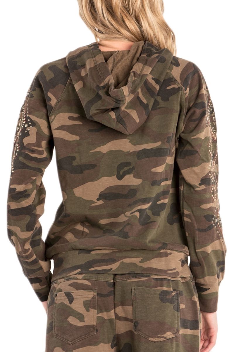 Miss Me Green Camo Studded Sleeve Zip Front Hoodie