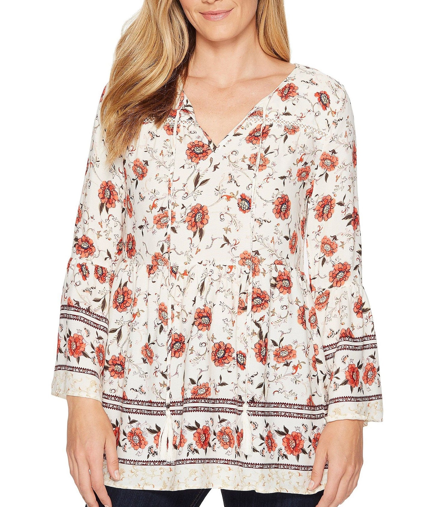 Miss Me Cream White Floral Bell Sleeve Top