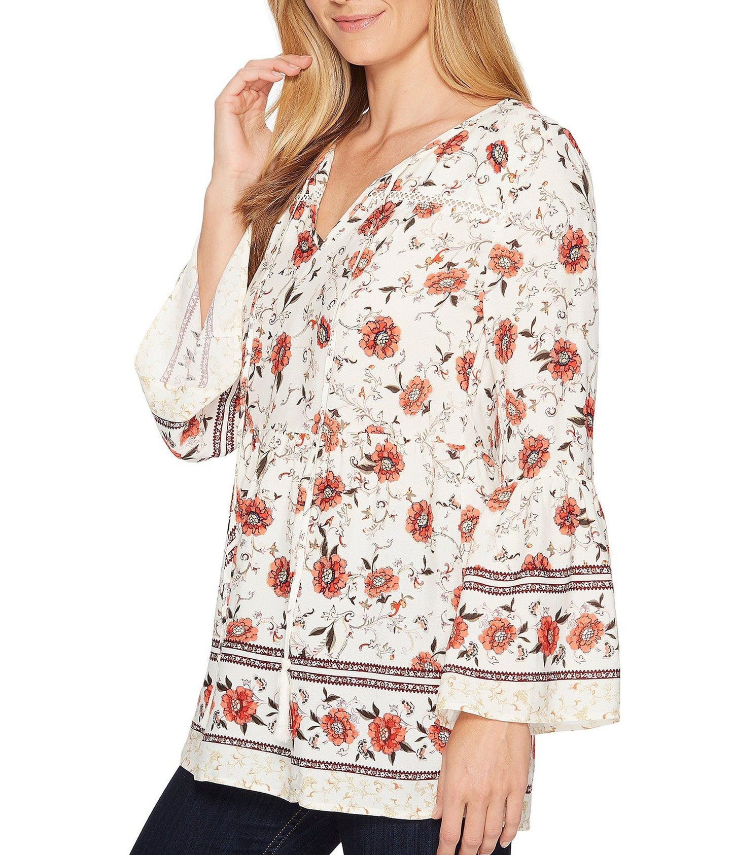 Miss Me Cream White Floral Bell Sleeve Top