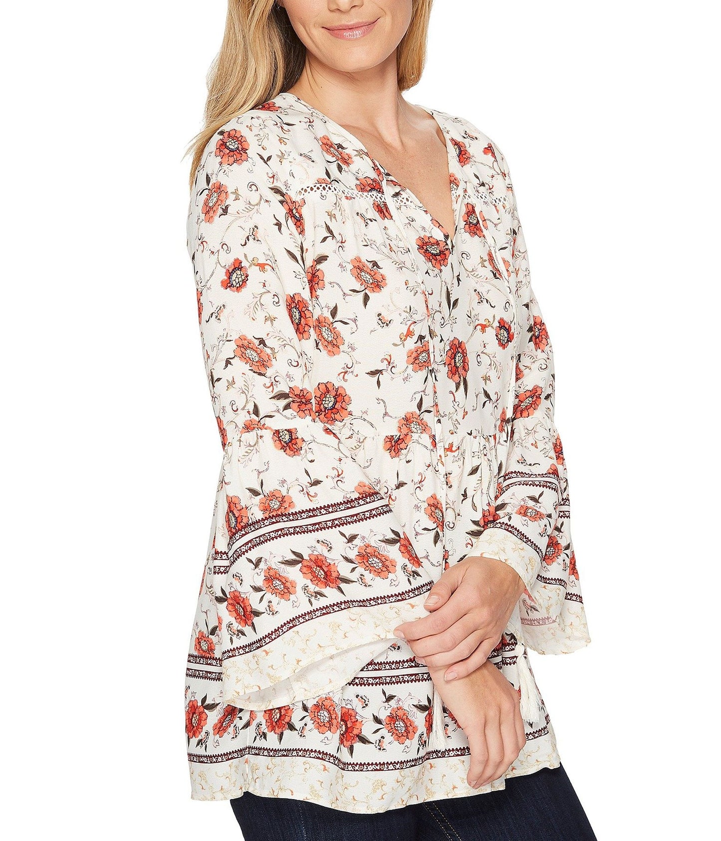 Miss Me Cream White Floral Bell Sleeve Top