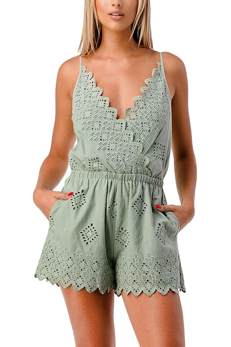 Miss Me Eyelet Woven Romper In Sage MR0042T