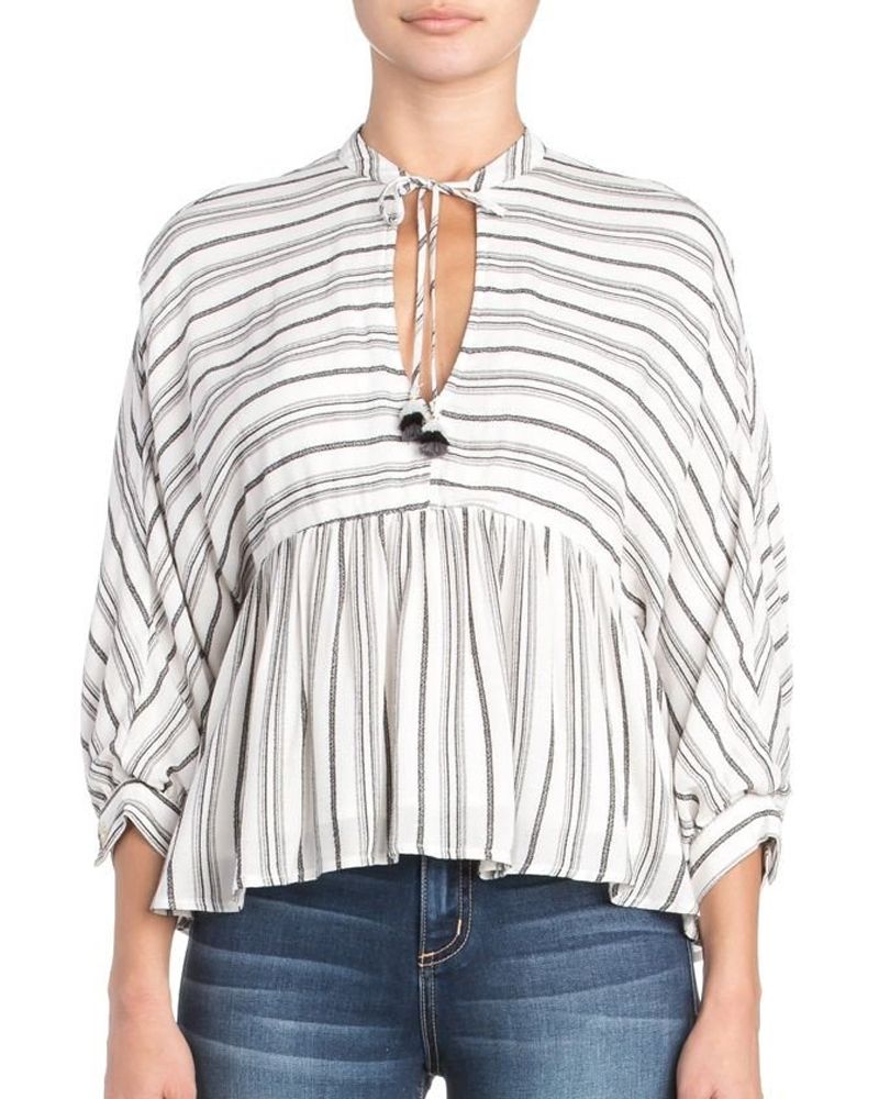 Miss Me Multi White Stripe Tie Front Batwing Sleeve Top