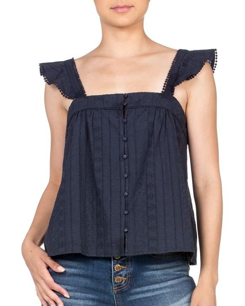 Miss Me Navy Ruffle Eyelet Button Front Top