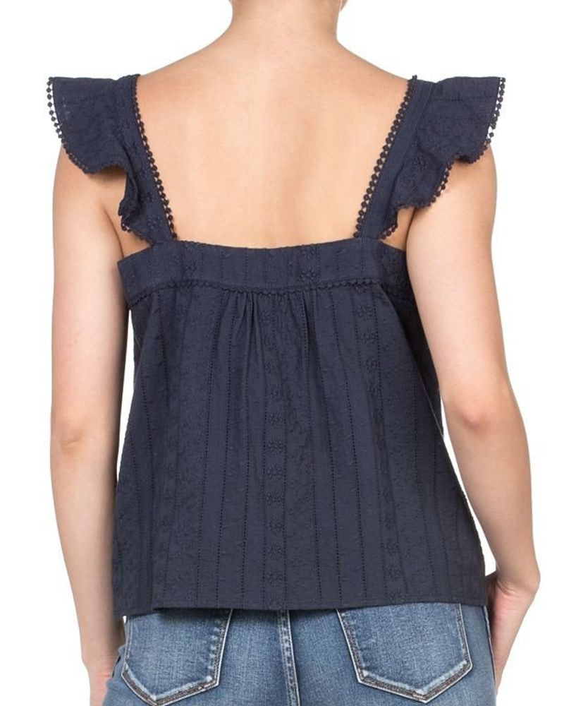 Miss Me Navy Ruffle Eyelet Button Front Top