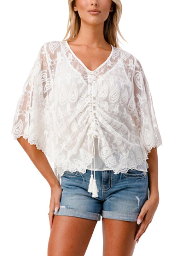 Ladies Off White Sheer Embroidered Lined Top