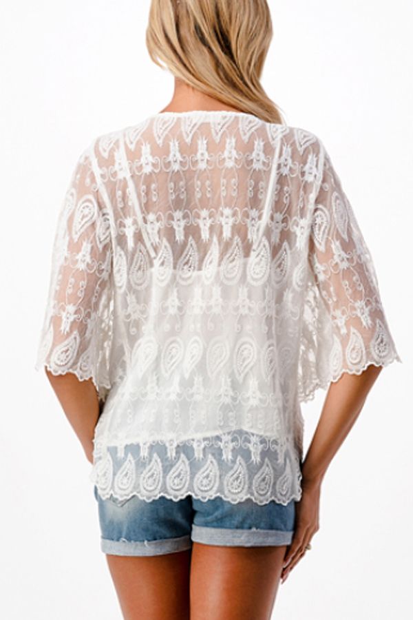 Ladies Off White Sheer Embroidered Lined Top