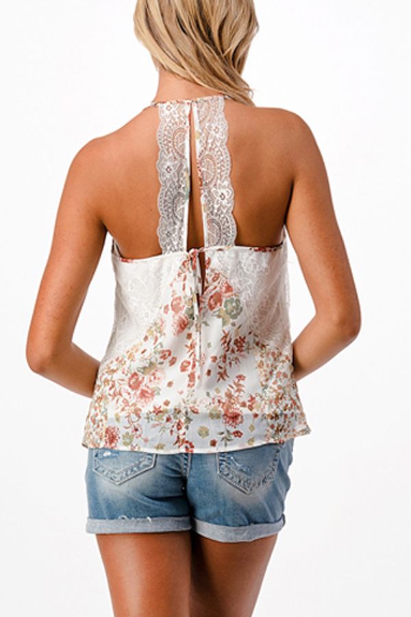 Ladies Ivory Floral Cami With Lace Detail