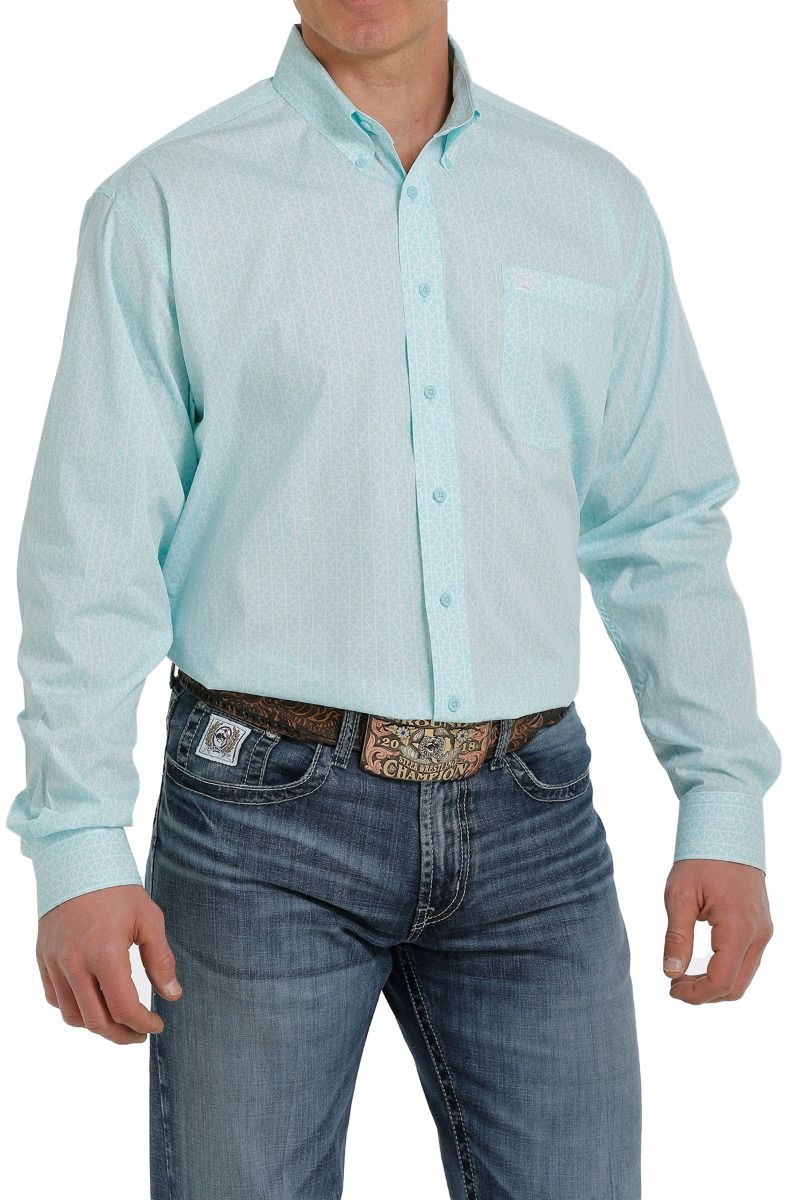 Geometric Print Long Sleeve Button Down Shirt In Mint