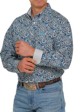 Men's Cinch Paisley Print Long Sleeve Button Down Shirt In White And Blue MTW1105401