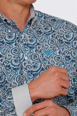 Men's Cinch Paisley Print Long Sleeve Button Down Shirt In White And Blue MTW1105401