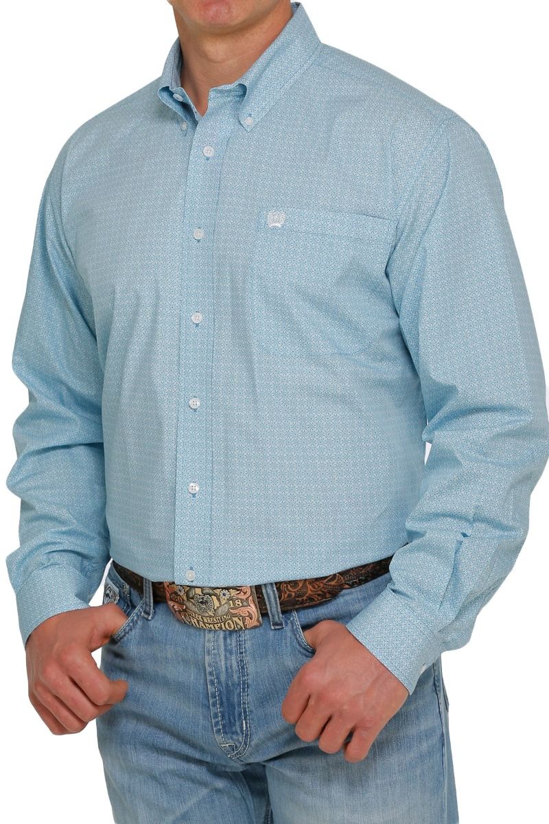 Cinch Men's Medallion Long Sleeve Button Down Shirt In Light Blue And White MTW1105417