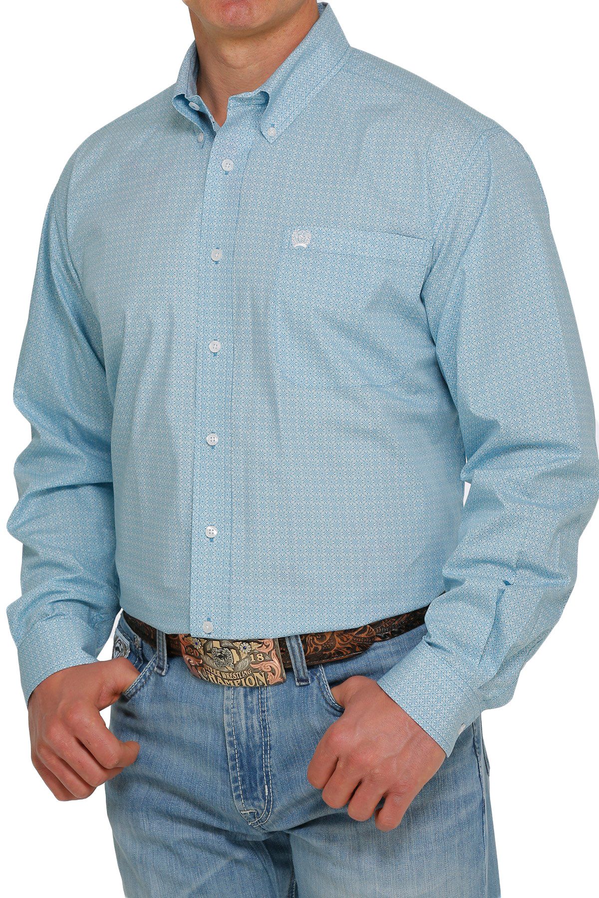 Cinch Men's Medallion Long Sleeve Button Down Shirt In Light Blue And White MTW1105417