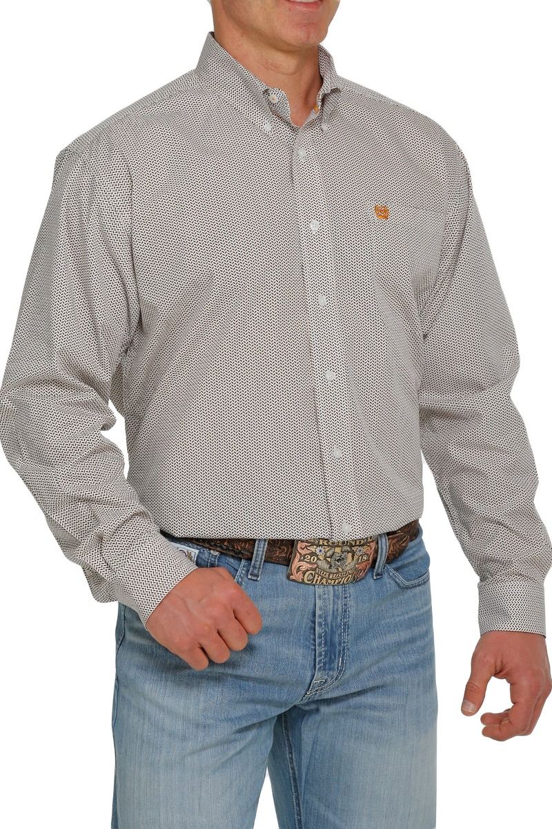 Cinch Men's Geo Stripe Print  Long Sleeve Button Down Shirt In White Navy And Orange  MTW1105420