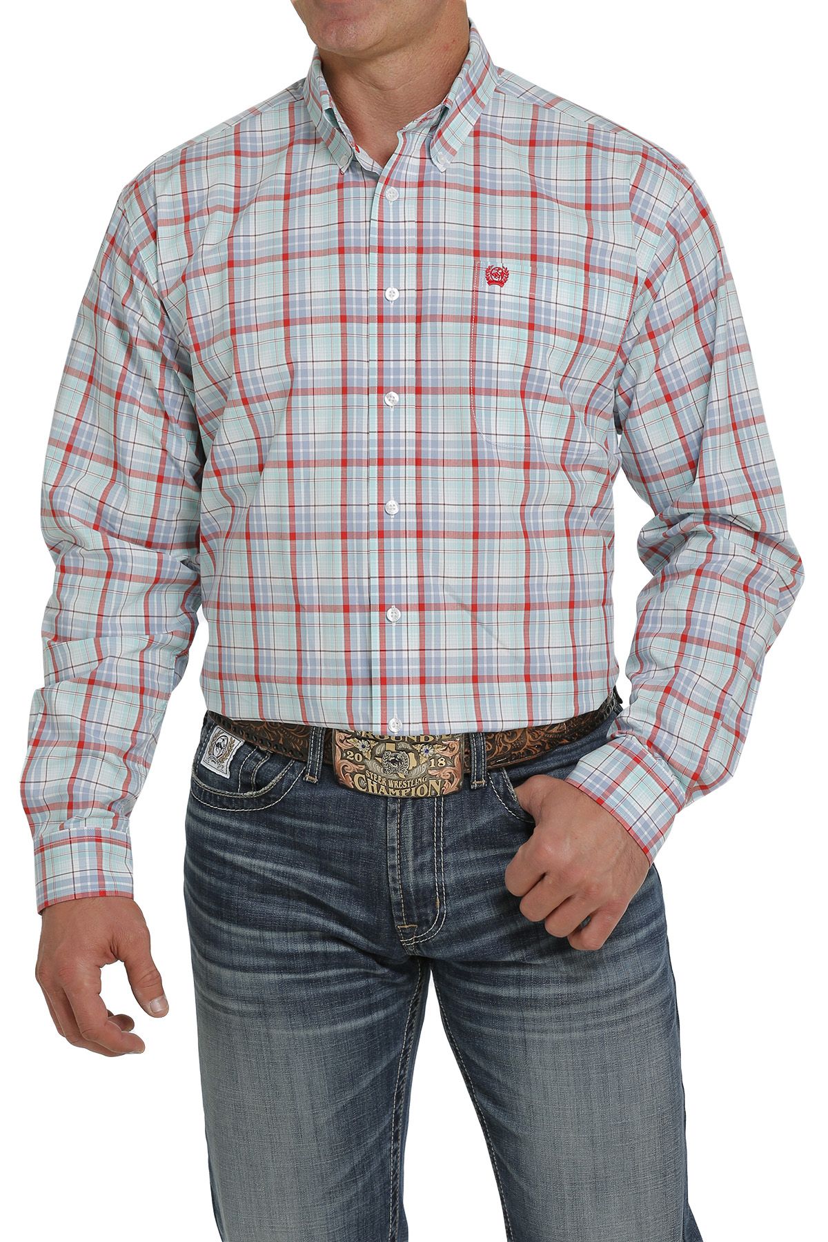 Cinch Men's Long Sleeve Button Down Plaid Shirt In Blue Red And White MTW1105432