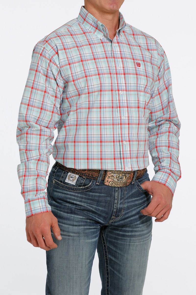 Cinch Men's Long Sleeve Button Down Plaid Shirt In Blue Red And White MTW1105432