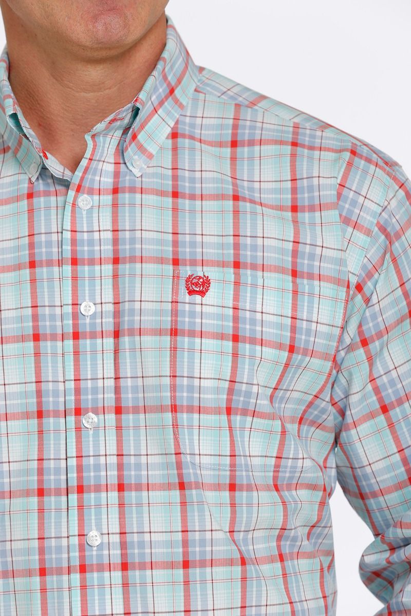 Cinch Men's Long Sleeve Button Down Plaid Shirt In Blue Red And White MTW1105432