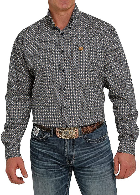 Cinch Men's Long Sleeve Print Button Down Shirt In Navy