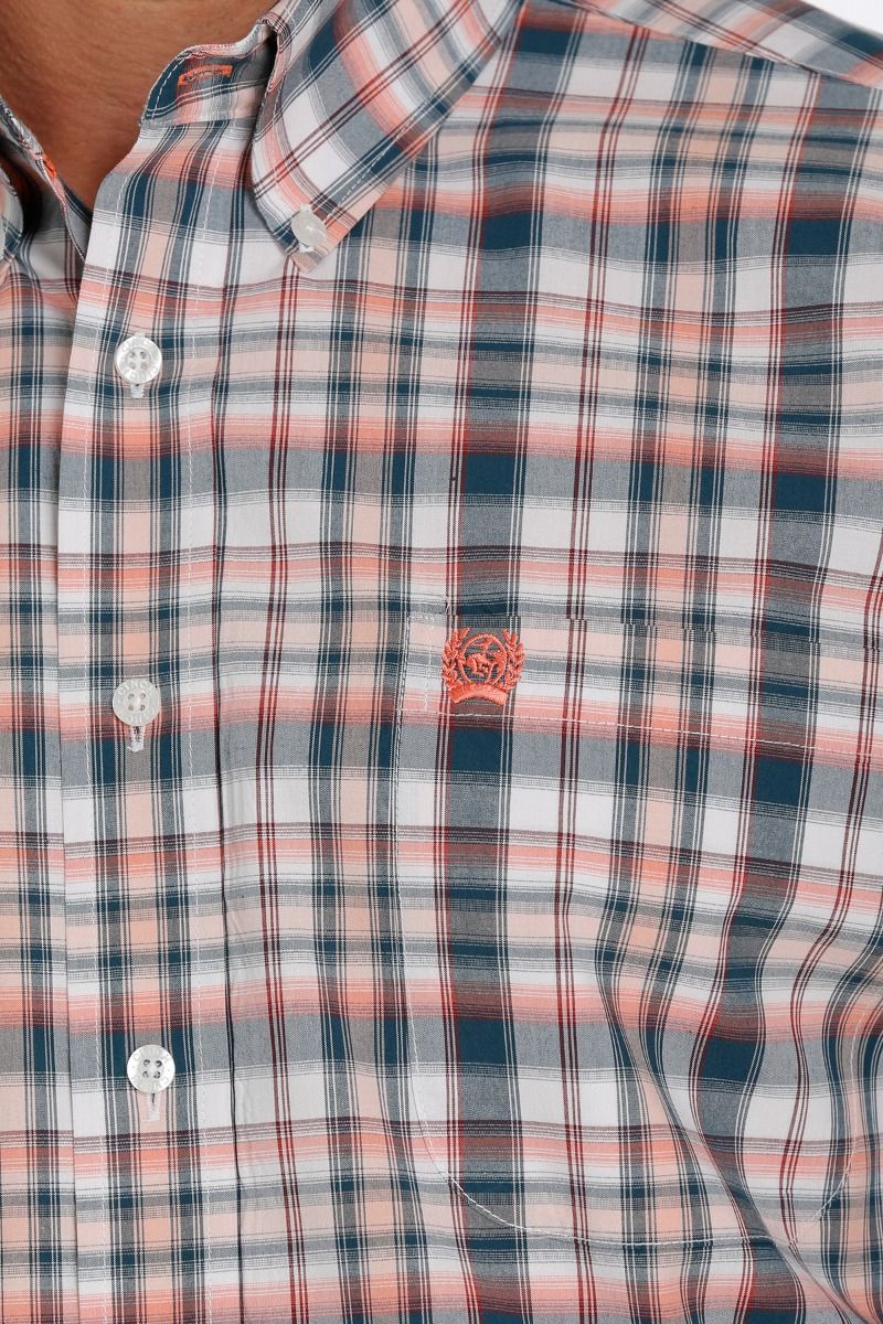 Short Sleeve Plaid Button Down Shirt In White And Coral