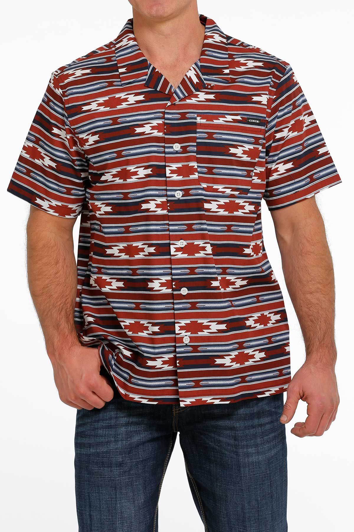 Men's Blanket Stripe Print Short Sleeve Camp Shirt with Burgundy Navy and White MTW1401013