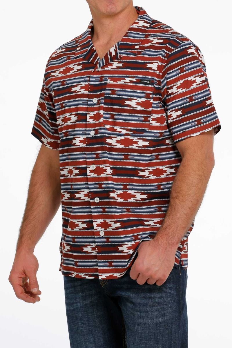 Men's Blanket Stripe Print Short Sleeve Camp Shirt with Burgundy Navy and White MTW1401013