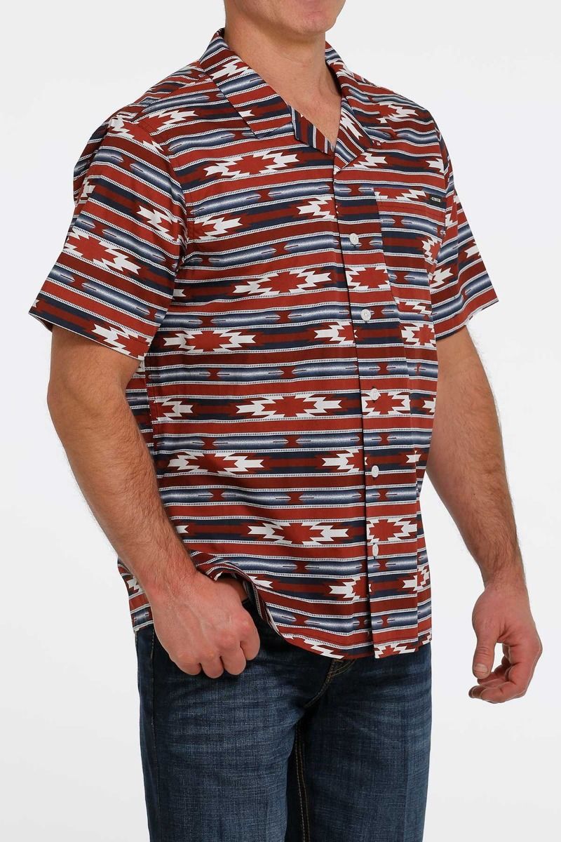 Men's Blanket Stripe Print Short Sleeve Camp Shirt with Burgundy Navy and White MTW1401013