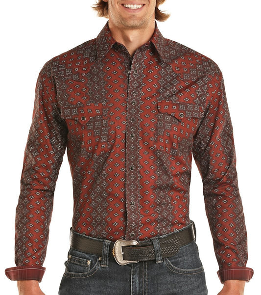 Men's Rock and Roll Denim Burgundy Long Sleeve Snap Shirt R0S1221