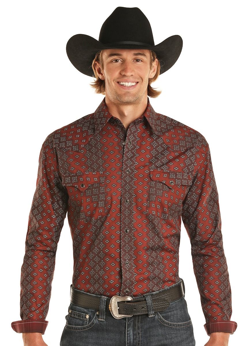 Men's Rock and Roll Denim Burgundy Long Sleeve Snap Shirt R0S1221